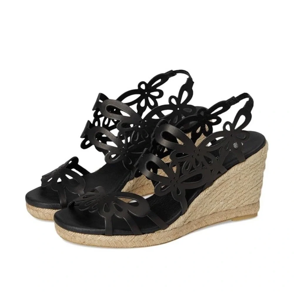Eric Michael Jillian‎ Black Floral Leather Upper Rope Wedge Heels 9/9.5 EU40 EUC